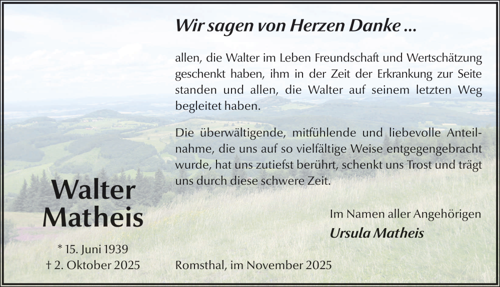  Traueranzeige für Walter Matheis vom 22.11.2025 aus FZ