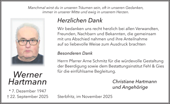 Traueranzeige von Werner Hartmann von FZ