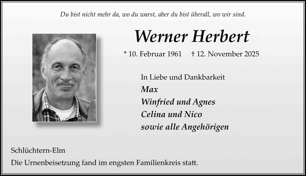  Traueranzeige für Werner Herbert vom 22.11.2025 aus FZ
