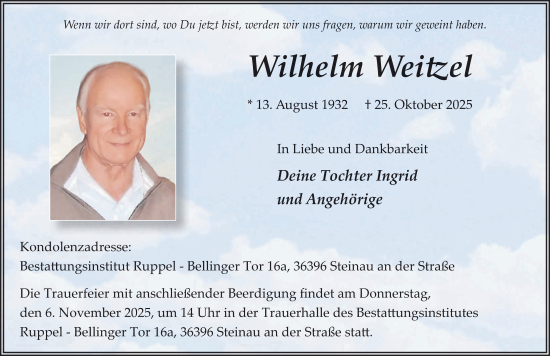 Traueranzeige von Wilhelm Weitzel von FZ