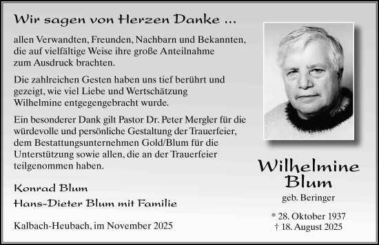 Traueranzeige von Wilhelmine Blum von FZ