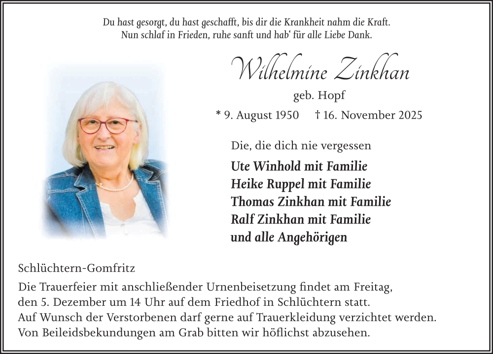  Traueranzeige für Wilhelmine Zinkhan vom 29.11.2025 aus FZ