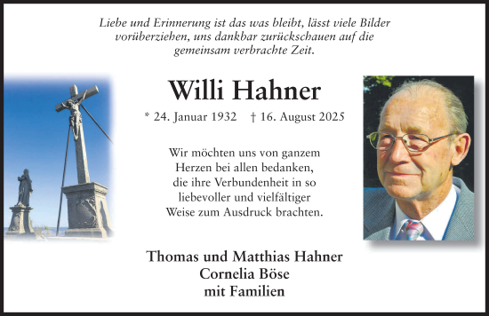 Traueranzeige von Willi Hahner von FZ
