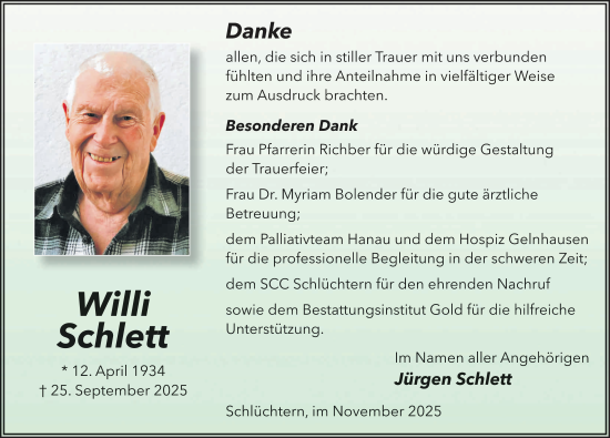Traueranzeige von Willi Schlett von FZ