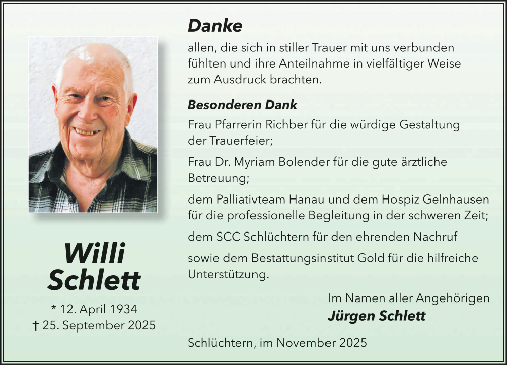  Traueranzeige für Willi Schlett vom 01.11.2025 aus FZ