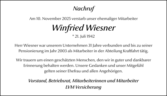 Traueranzeige von Winfried Wiesner von FZ