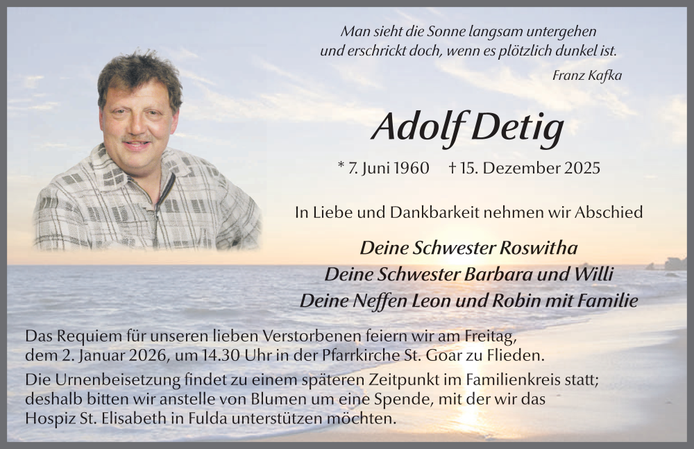  Traueranzeige für Adolf Detig vom 27.12.2025 aus FZ