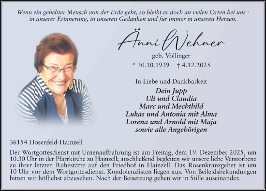 Traueranzeige von Änni Wehner von FZ