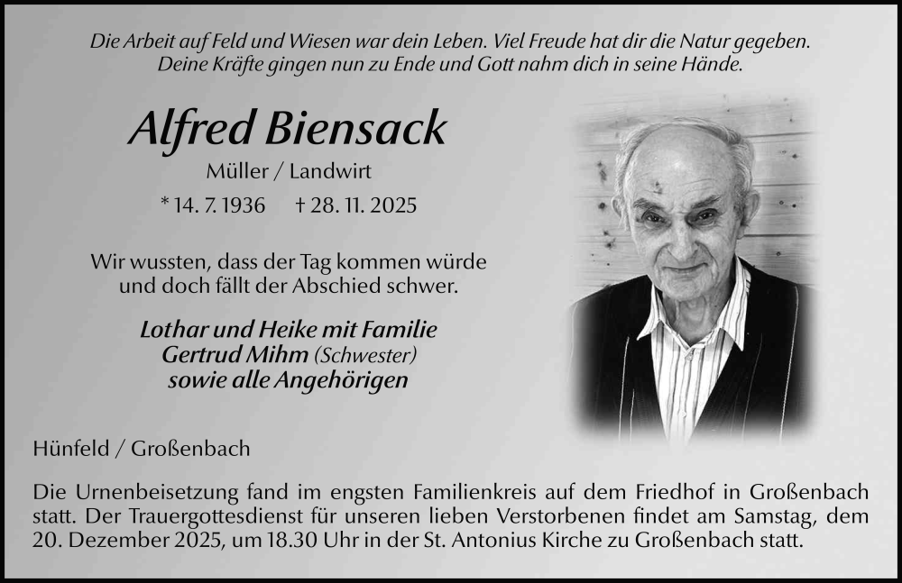  Traueranzeige für Alfred Biensack vom 13.12.2025 aus FZ