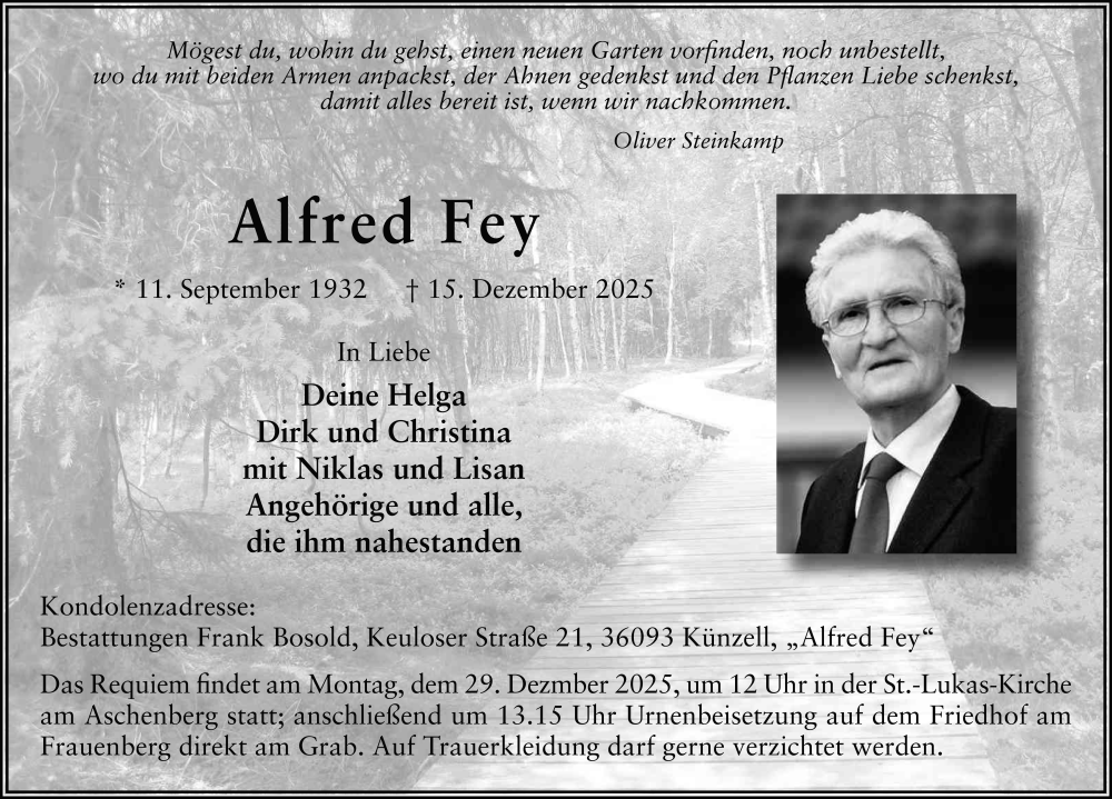  Traueranzeige für Alfred Fey vom 23.12.2025 aus FZ