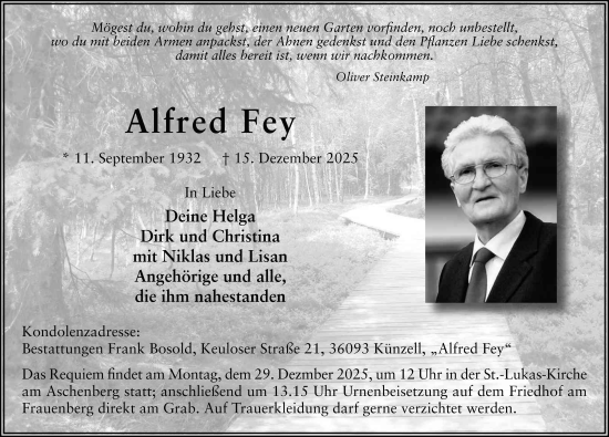 Traueranzeige von Alfred Fey von FZ
