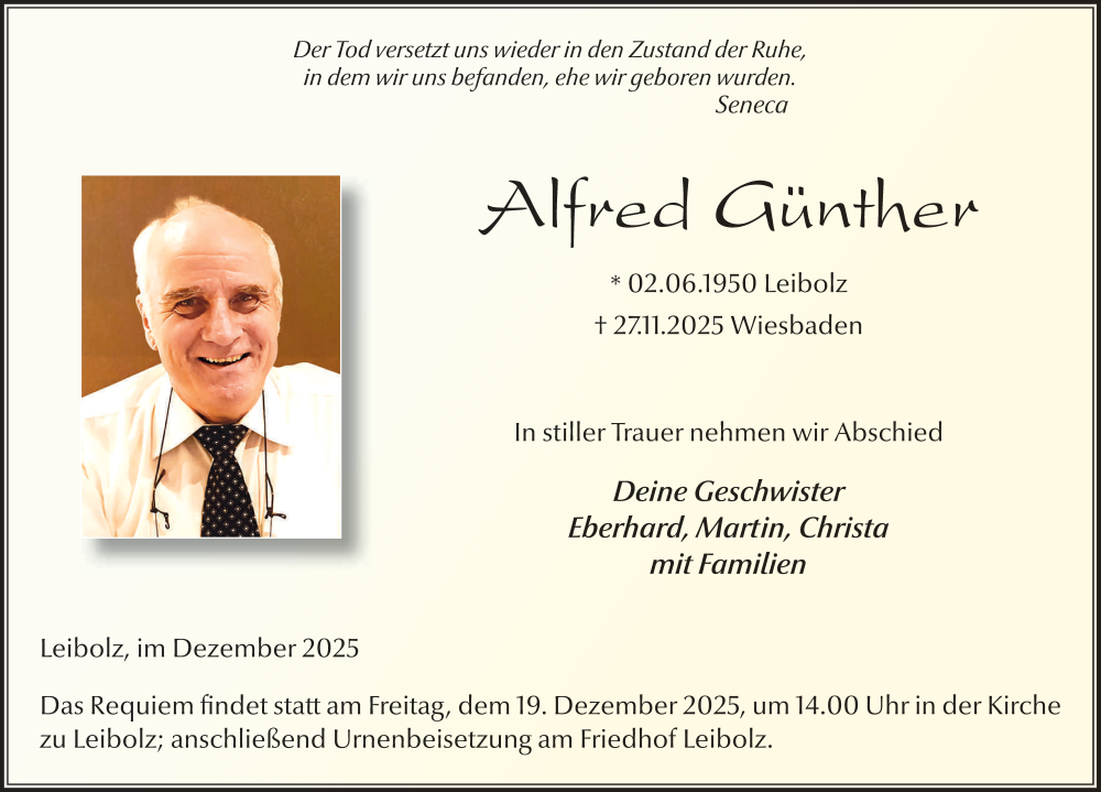  Traueranzeige für Alfred Günther vom 13.12.2025 aus FZ