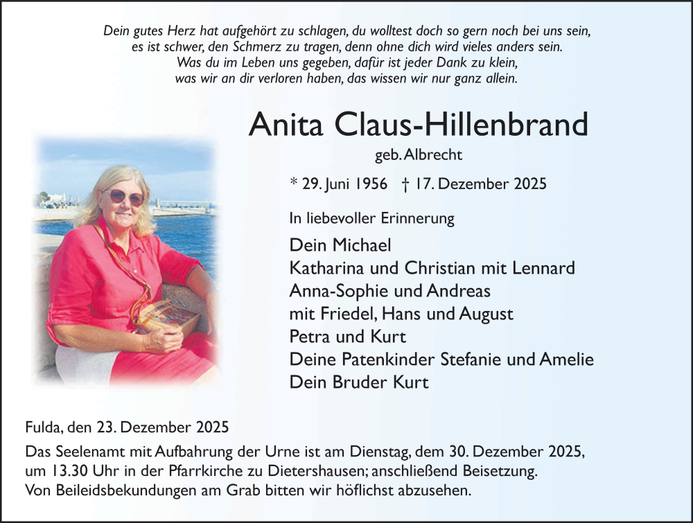  Traueranzeige für Anita Claus-Hillenbrand vom 23.12.2025 aus FZ
