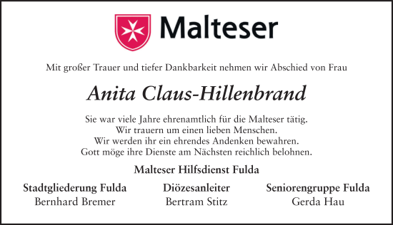 Traueranzeige von Anita Claus-Hillenbrand von FZ