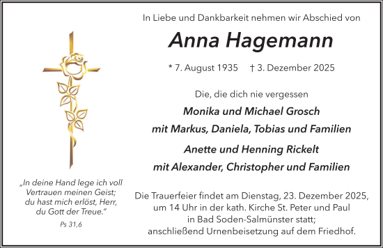 Traueranzeige von Anna Hagemann von FZ