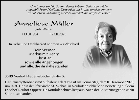 Traueranzeige von Anneliese Müller von FZ