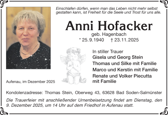 Traueranzeige von Anni Hofacker von FZ