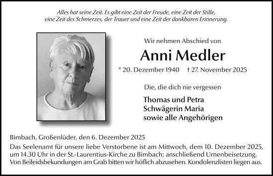 Traueranzeige von Anni Medler von FZ