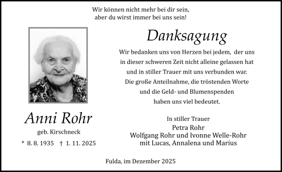 Traueranzeige von Anni Rohr von FZ