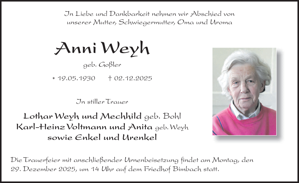  Traueranzeige für Anni Weyh vom 20.12.2025 aus FZ