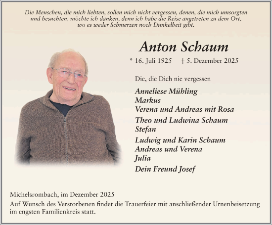 Traueranzeige von Anton Schaum von FZ
