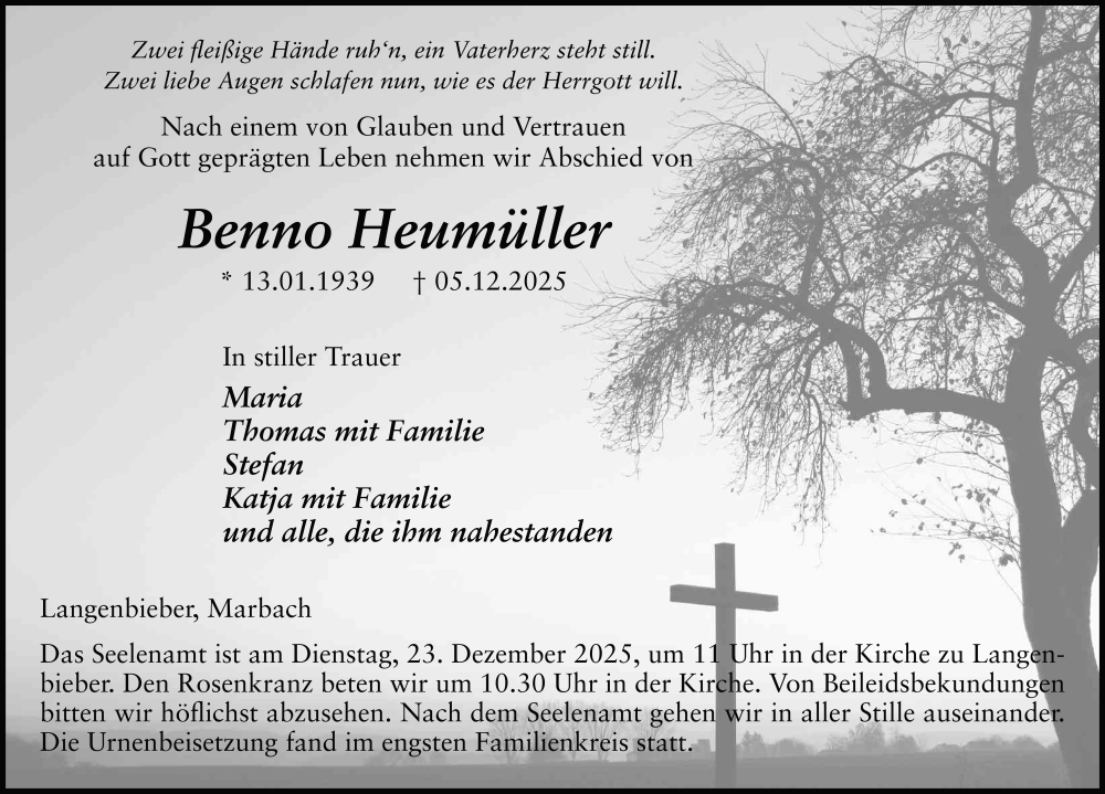  Traueranzeige für Benno Heumüller vom 16.12.2025 aus FZ