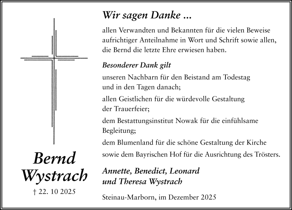  Traueranzeige für Bernd Wystrach vom 20.12.2025 aus FZ