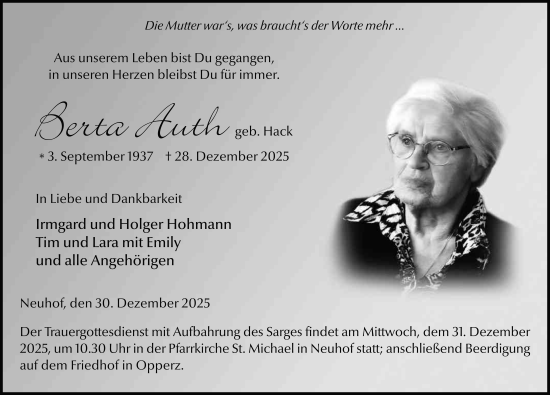 Traueranzeige von Berta Auth von FZ