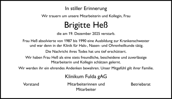 Traueranzeige von Brigitte Heß von FZ