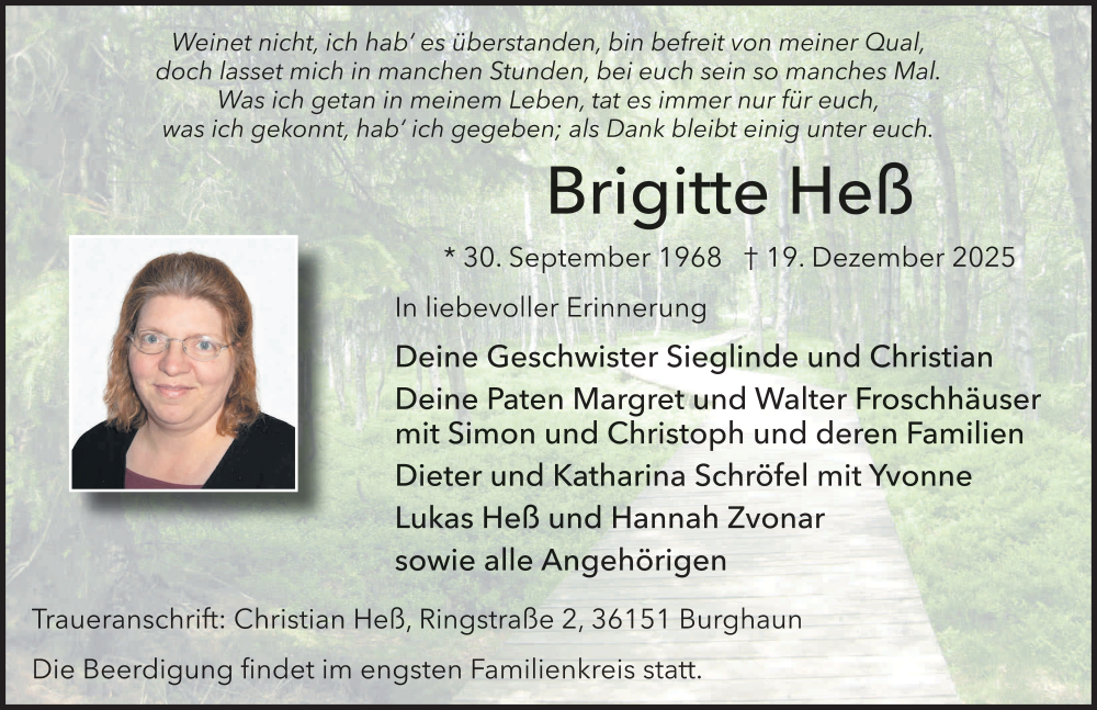  Traueranzeige für Brigitte Heß vom 24.12.2025 aus FZ
