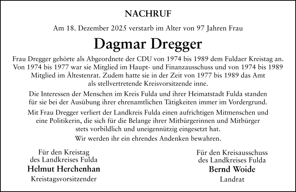  Traueranzeige für Dagmar Dregger vom 22.12.2025 aus FZ