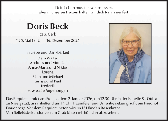 Traueranzeige von Doris Beck von FZ