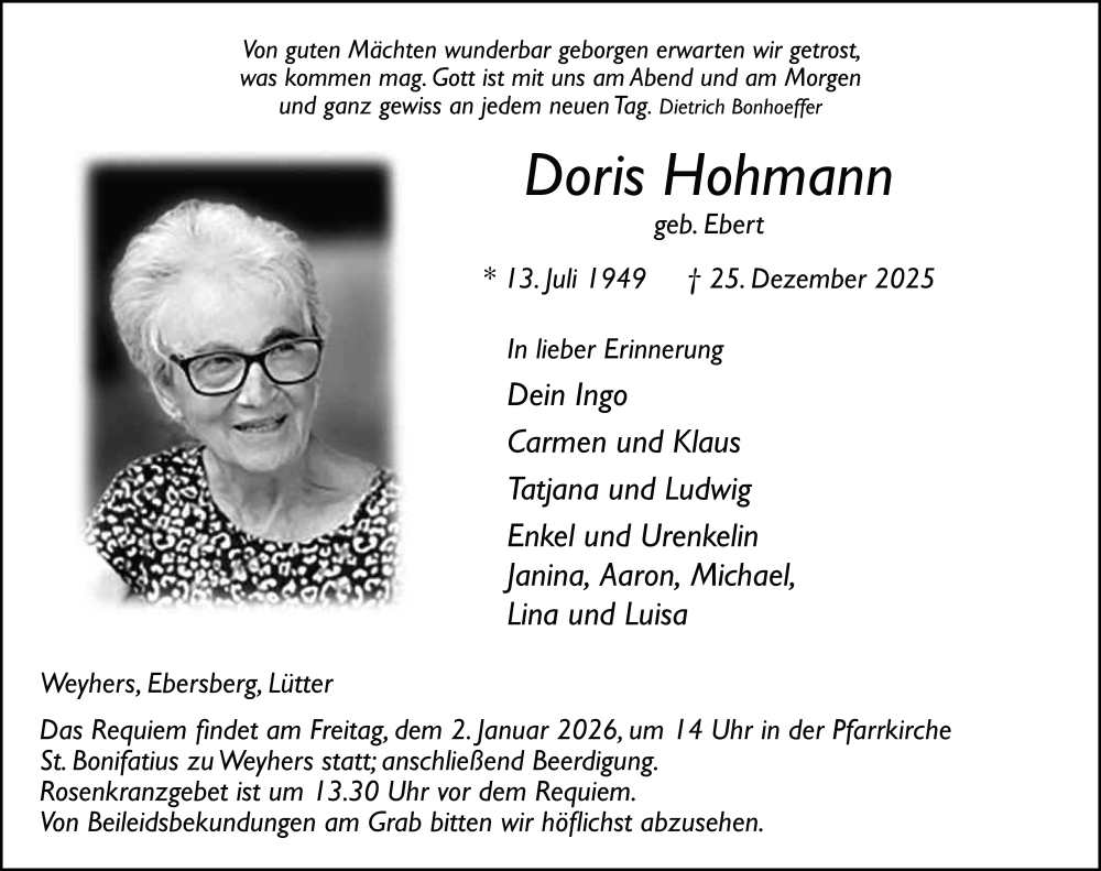  Traueranzeige für Doris Hohmann vom 30.12.2025 aus FZ