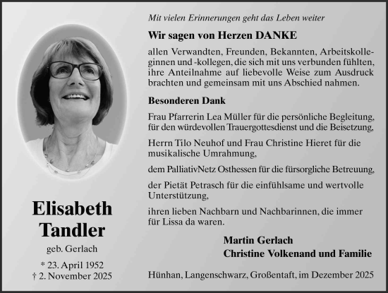 Traueranzeige von Elisabeth Tandler von FZ