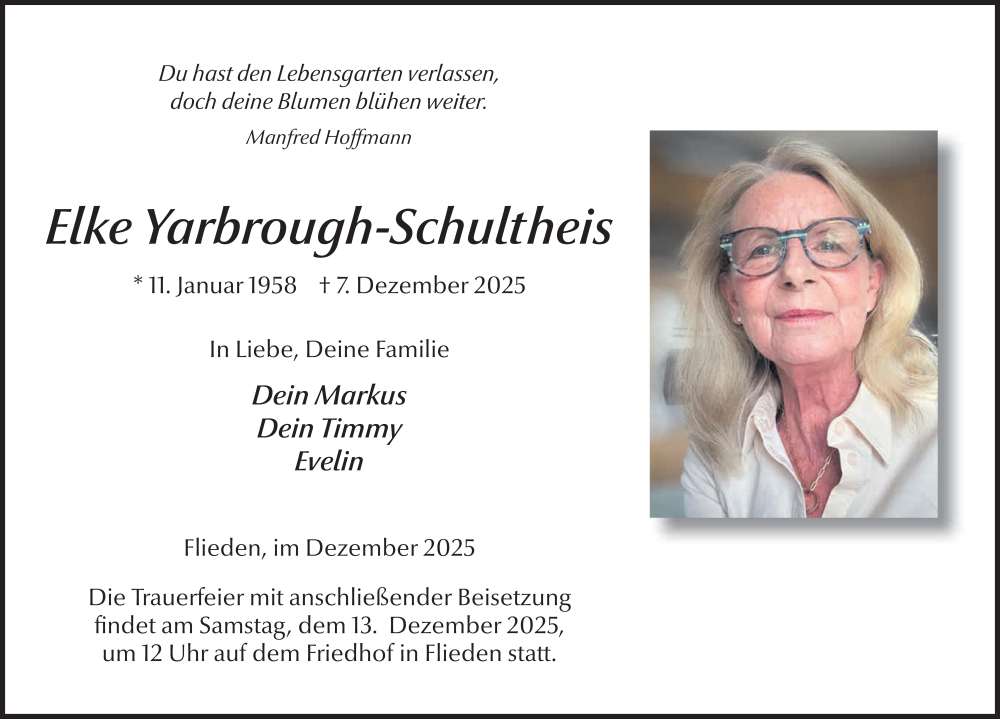  Traueranzeige für Elke Yarbrough-Schultheis vom 11.12.2025 aus FZ