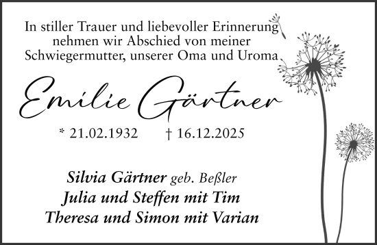 Traueranzeige von Emilie Gärtner von FZ
