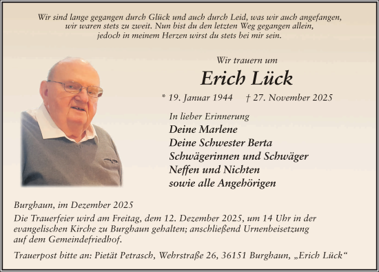 Traueranzeige von Erich Lück von FZ