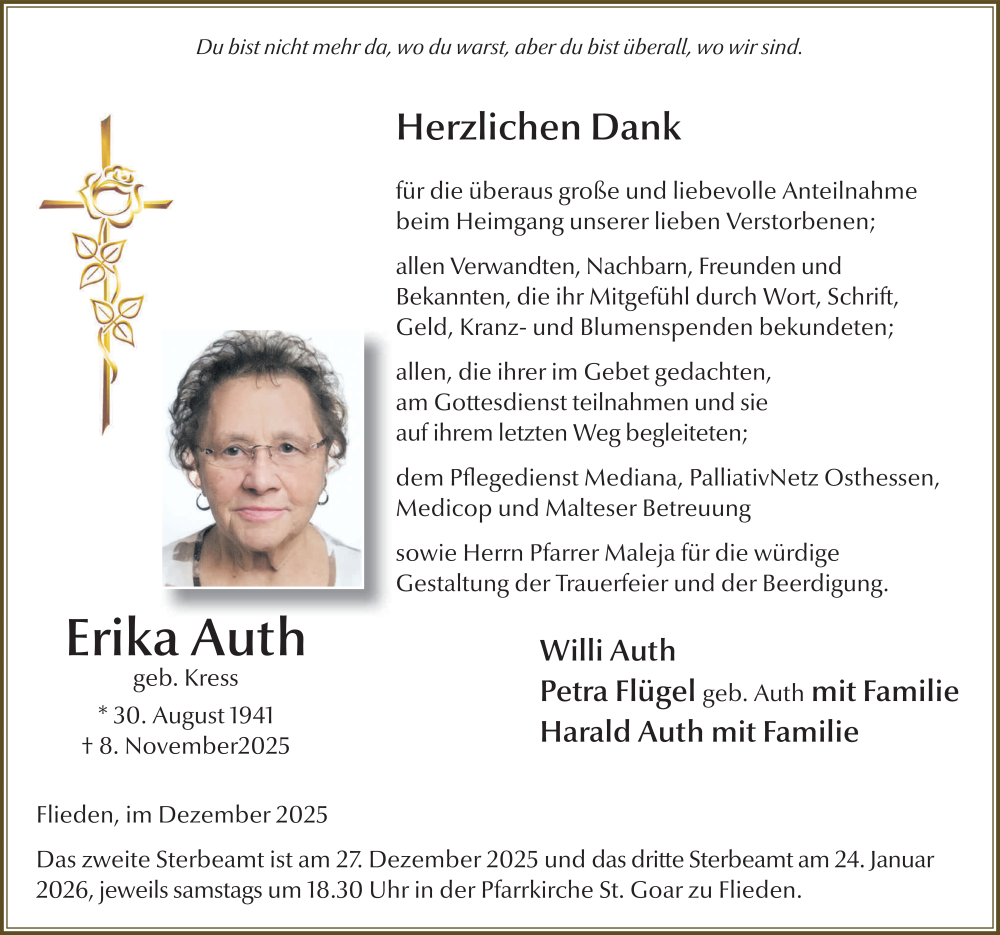  Traueranzeige für Erika Auth vom 13.12.2025 aus FZ