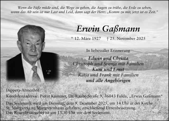 Traueranzeige von Erwin Gaßmann von FZ