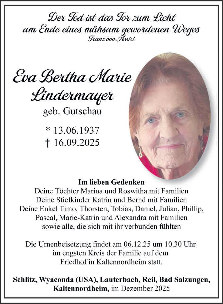  Traueranzeige für Eva Bertha Marie Lindermayer vom 04.12.2025 aus FZ