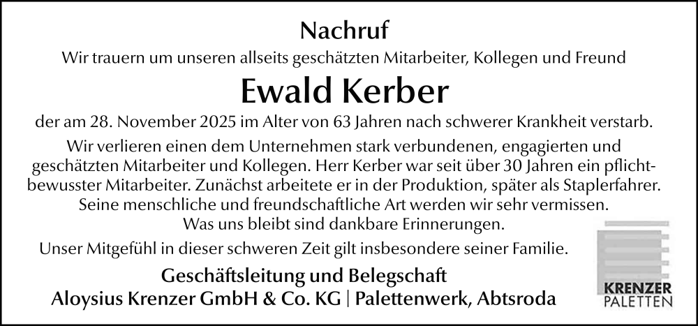  Traueranzeige für Ewald Kerber vom 05.12.2025 aus FZ
