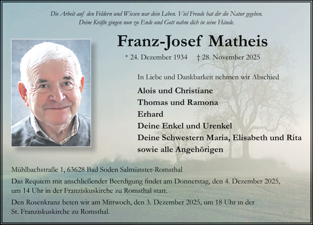  Traueranzeige für Franz-Josef Matheis vom 03.12.2025 aus FZ