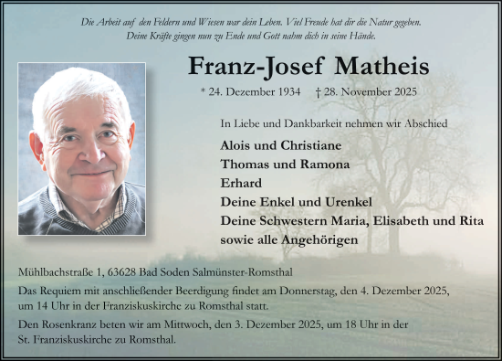 Traueranzeige von Franz-Josef Matheis von FZ