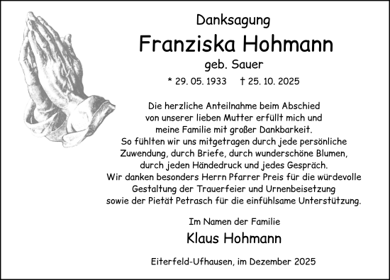 Traueranzeige von Franziska Hohmann von FZ