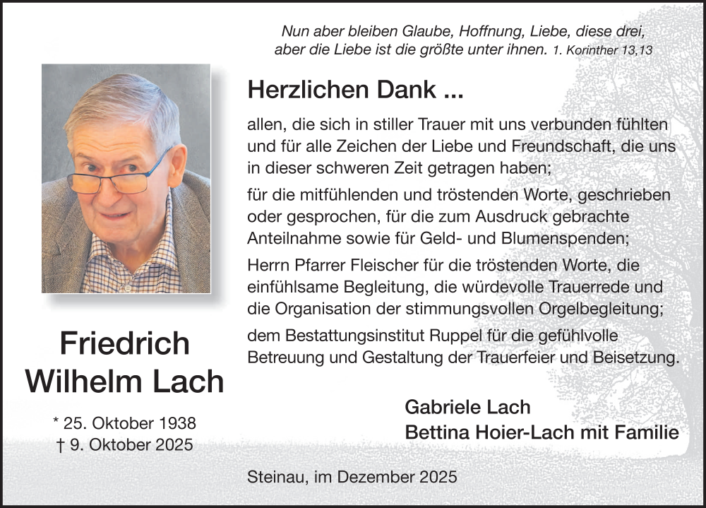  Traueranzeige für Friedrich Wilhelm Lach vom 20.12.2025 aus FZ