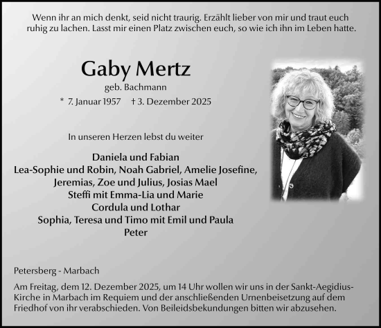 Traueranzeige von Gaby Mertz von FZ