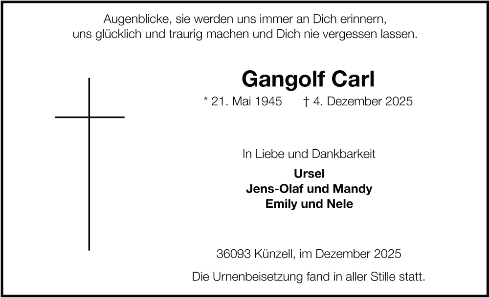  Traueranzeige für Gangolf Carl vom 20.12.2025 aus FZ