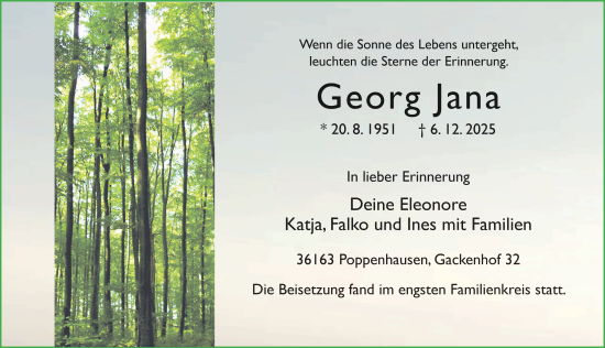 Traueranzeige von Georg Jana von FZ