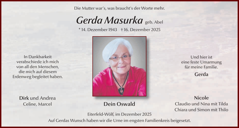  Traueranzeige für Gerda Masurka vom 27.12.2025 aus FZ