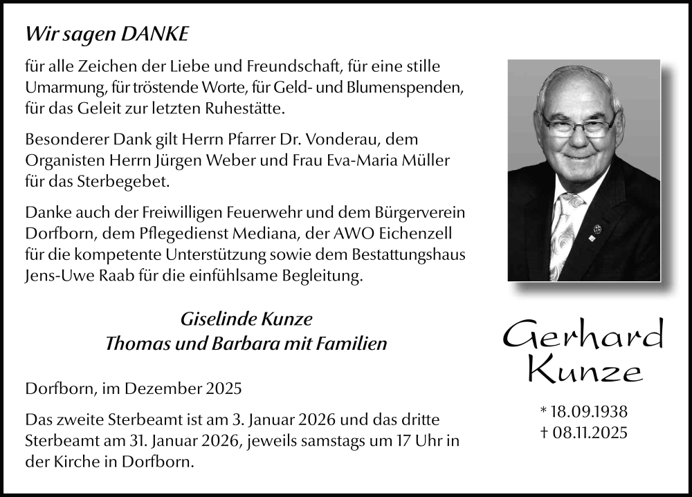  Traueranzeige für Gerhard Kunze vom 31.12.2025 aus FZ